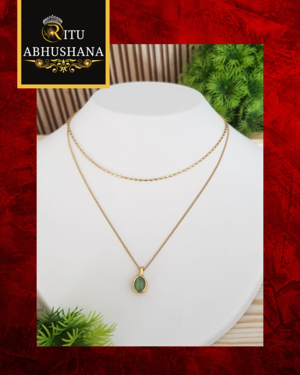 Elegant Dual-Layer Gold Plated Necklace with Green Stone Pendant