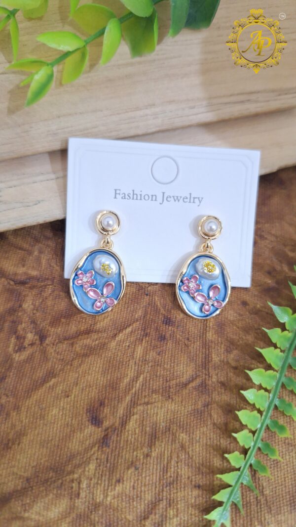 Pearl Studded Blue Floral Drop Earrings – Handcrafted Vintage Charm