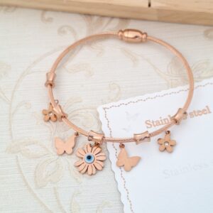 Rose Gold Charm Bracelet with Butterfly & Flower Accents – Anti-Tarnish Stainless Steel