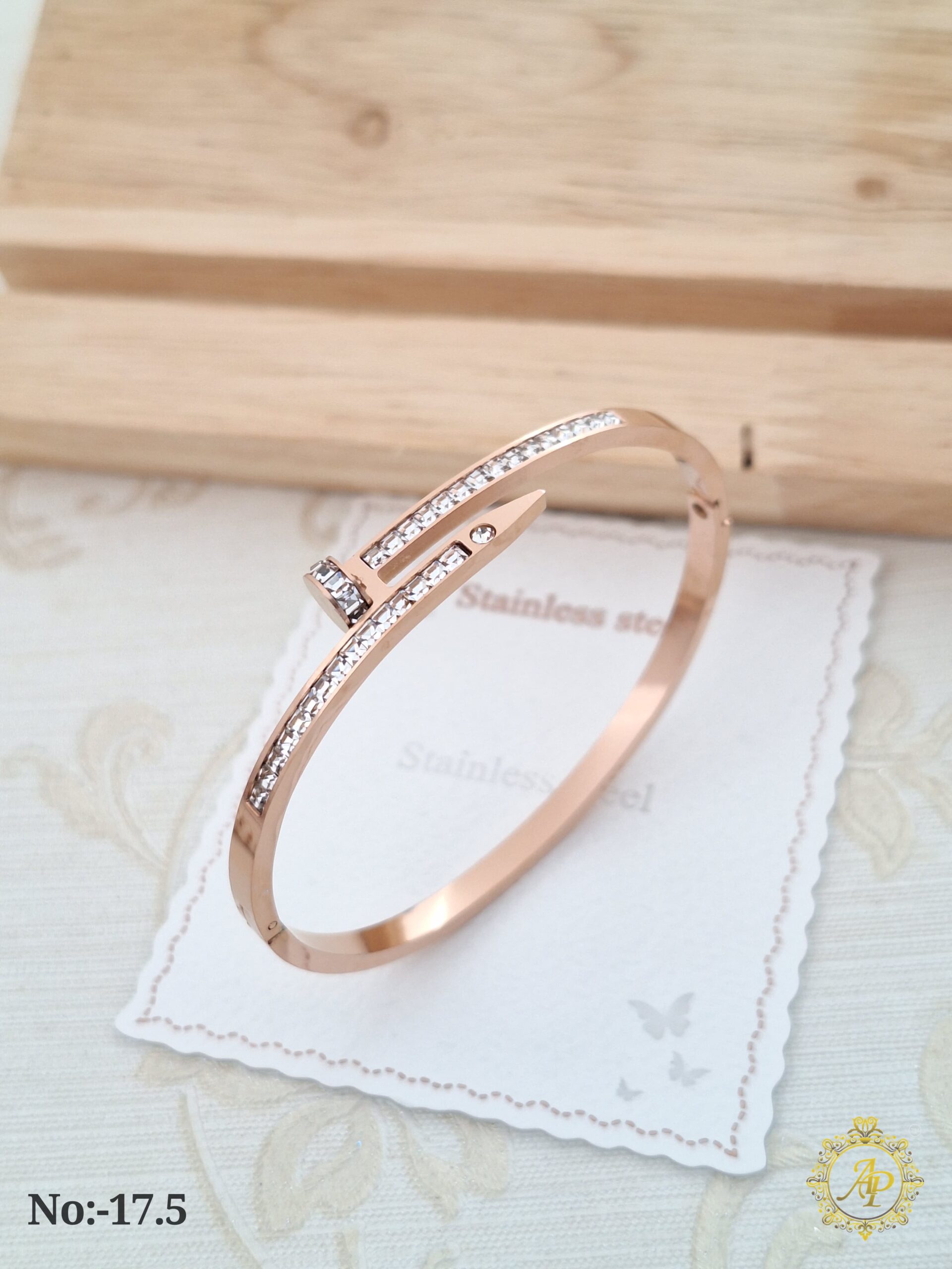Rose Gold Nail-Design Bracelet with CZ Stones – Anti-Tarnish Stainless Steel