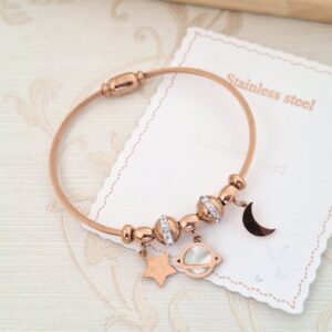 Rose Gold Celestial Charm Bracelet – Moon, Star & Planet Design – Anti-Tarnish Stainless Steel