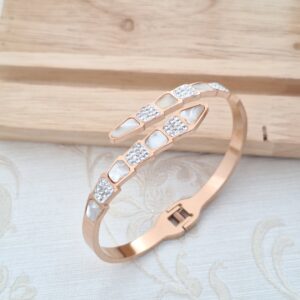 Rose Gold Snake-Style Bangle with Mother-of-Pearl & CZ Accents – Anti-Tarnish