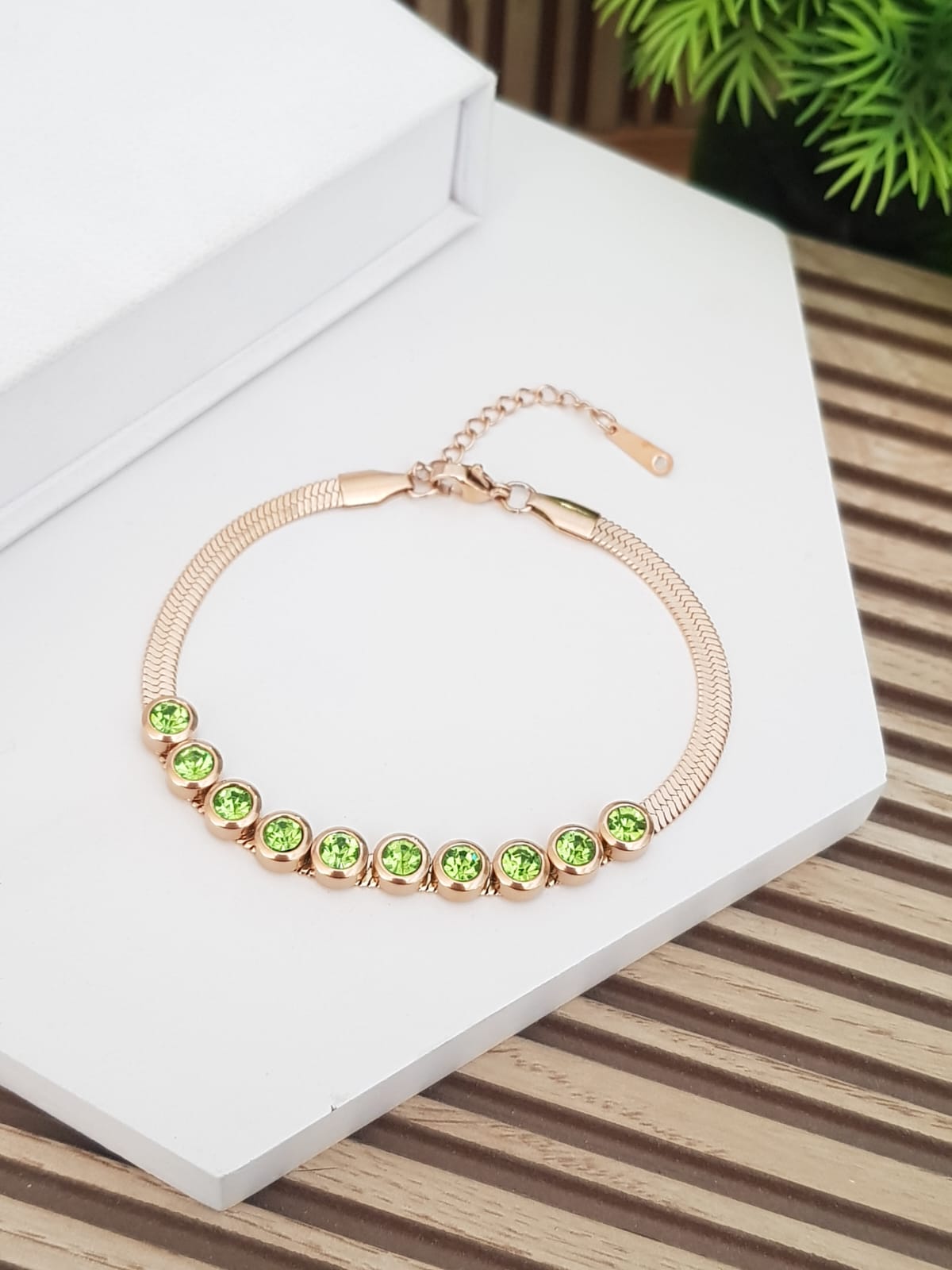 Premium Rose Gold Bracelet with Green Crystal Stones | Daily Wear, Anti-Tarnish & Waterproof