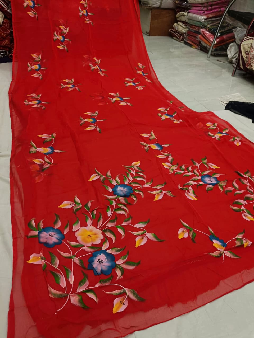 Elegant Half Pure Chiffon Saree with Floral Hand Print & Blouse