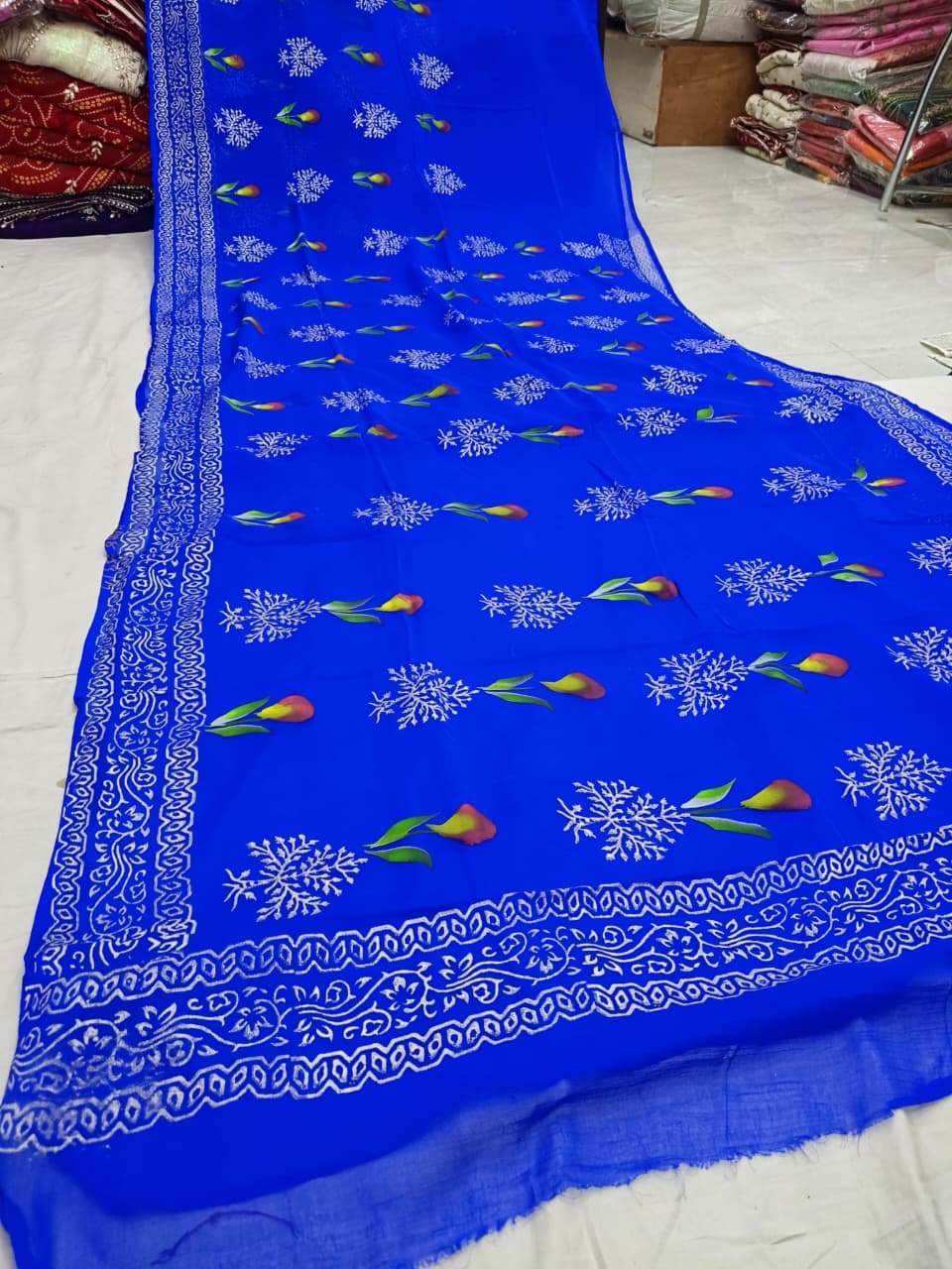 Elegant Half Pure Chiffon Saree with Floral Hand Print & Blouse - Image 3