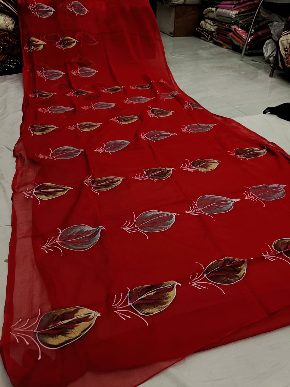 Elegant Half Pure Chiffon Saree with Floral Hand Print & Blouse - Image 2