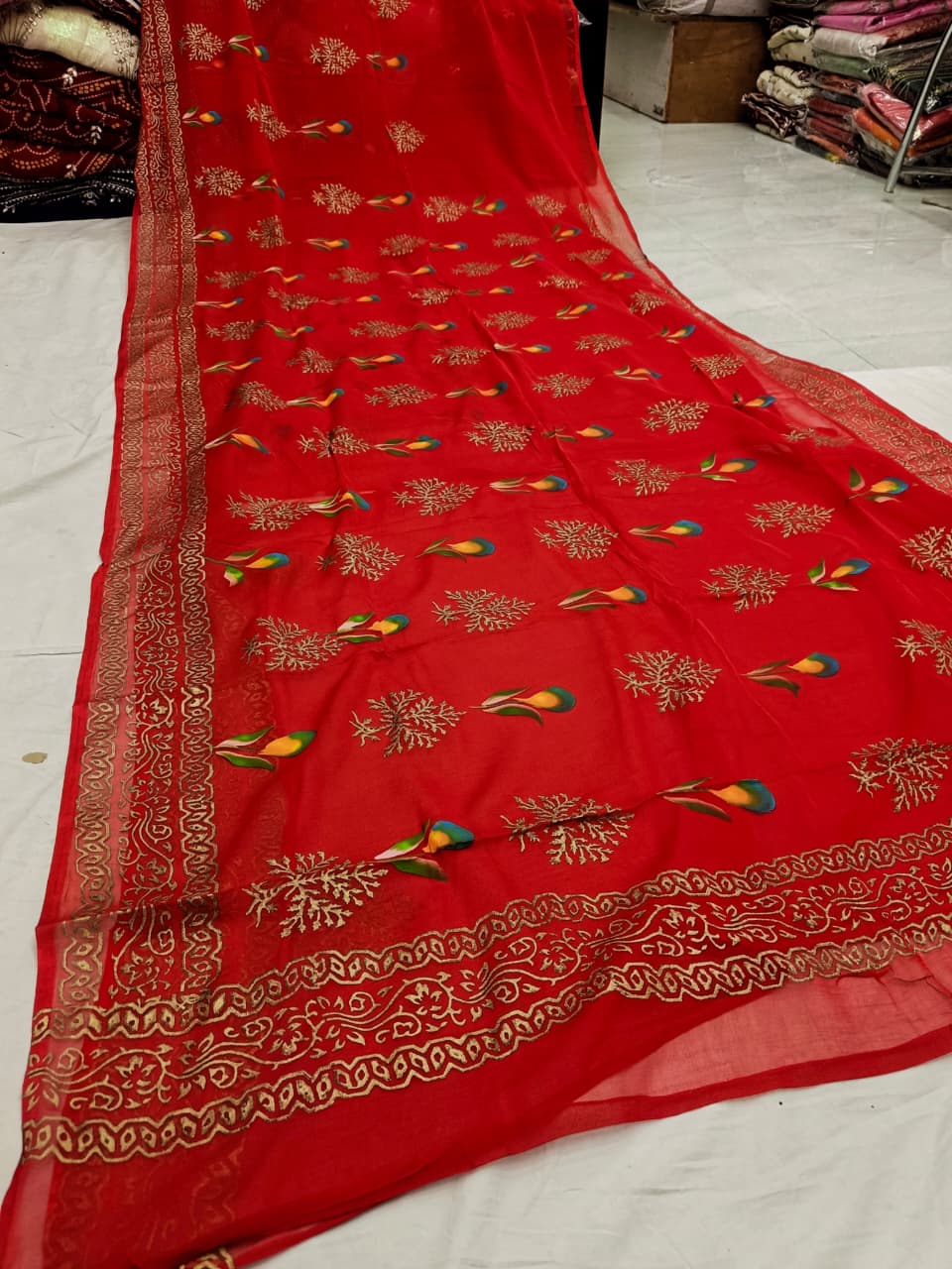 Elegant Half Pure Chiffon Saree with Floral Hand Print & Blouse - Image 6